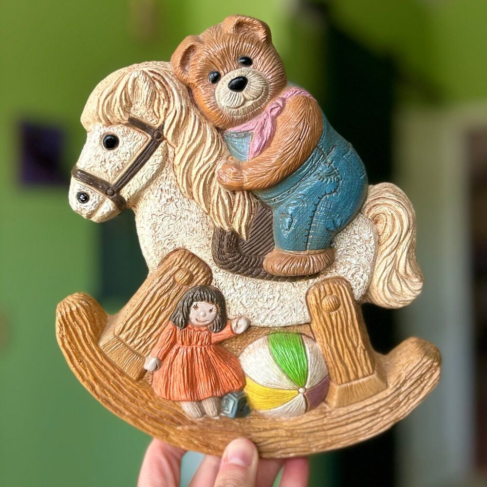 VTG Teddy Bear On Rocking Horse Textured 3D Painted Wall Sign Decor